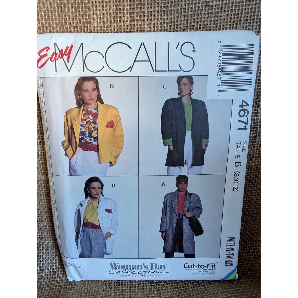 Vintage 1990 McCalls 4671 Unlined Jacket Sewing Pattern Size 8-12 Retro Blazer